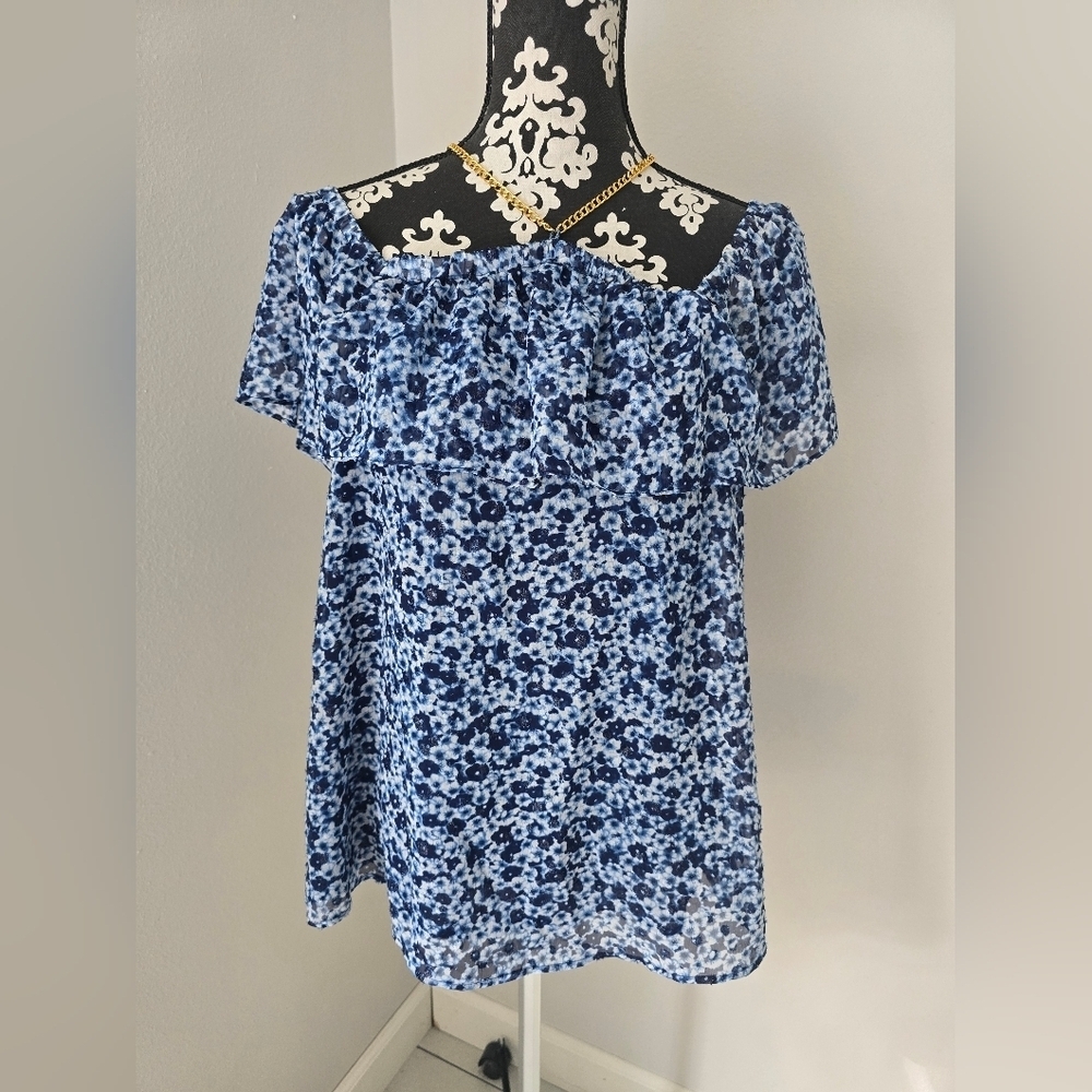 Michael Kors Blue Ruffled Short Sleeve Blouse Size M